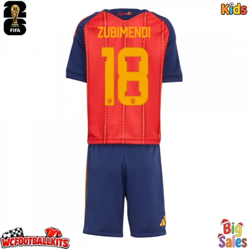Spain Martin Zubimendi #18 Replica Home Stadium Kit for Kids World Cup 2026 Short Sleeve (+ pants)
